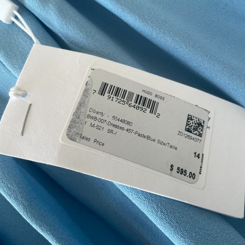 Hugo Boss Dibanty Belted Drape Midi‎ Dress in Pastel Blue, Size 14, NWT - Picture 10 of 11